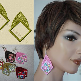 Broderie ITH boucles d'oreilles gouttes larmes losanges en FSL et tissu, fichier de broderie machine bijou