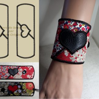 Motif de broderie machine bracelet manchette cœur patchwork, broderie machine manchette