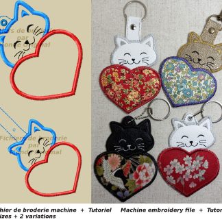 Broderie machine ITH porte-clés chat cœur