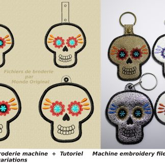 Broderie machine ITH porte-clés porte-clés crâne de sucre, tête de mort