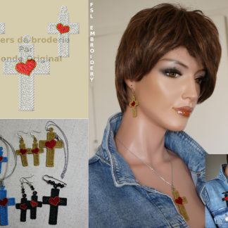 FSL motif de broderie machine boucles d'oreilles et pendentif croix