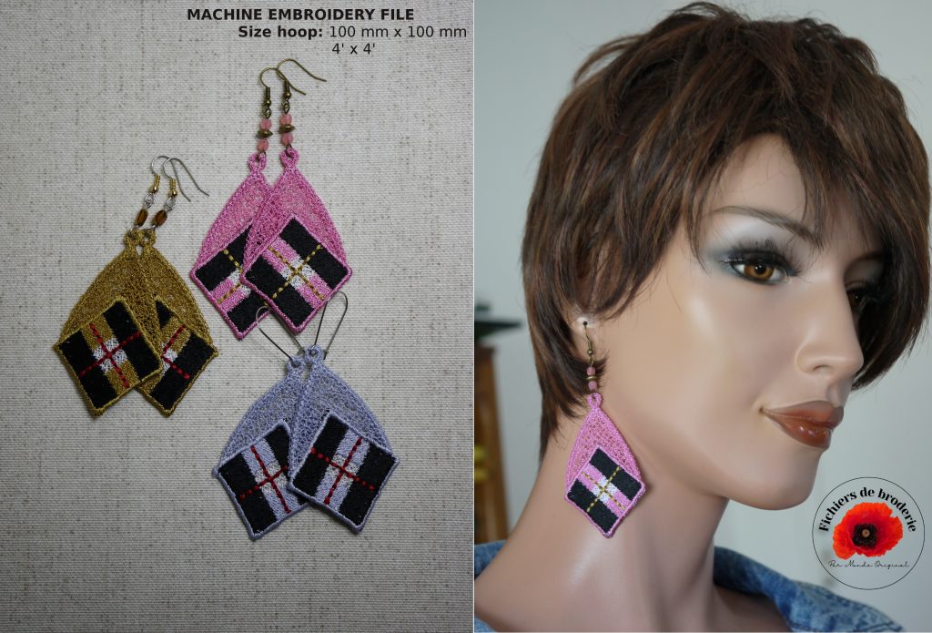 Broderie FSL boucles d'oreilles à carreaux style tartan