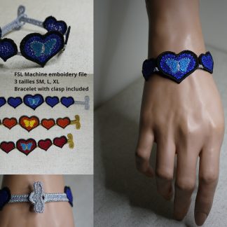 Broderie FSL bracelet coeurs avec fermoir integré