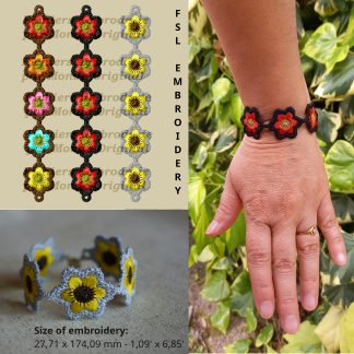 Broderie FSL bracelet fleurs satin avec anneaux pour fermoir réglable ou fixe